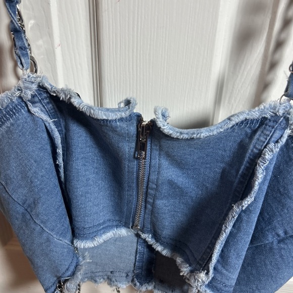 Miss 8 Blue Wash Denim Lace Up Corset L Chains Stretch Zip Back - Picture 6 of 7
